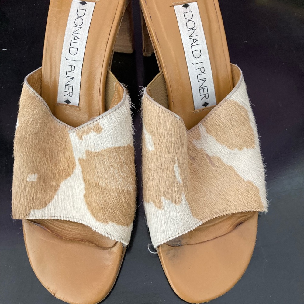 Donald Pliner  cow print slides with heel good condition 4 inch heel see photo